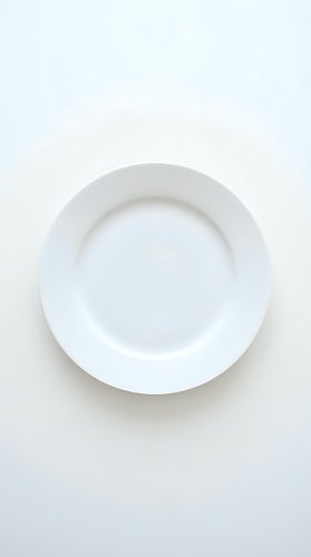 Empty white ceramic plate on neutral background for food photography and culinary presentations.