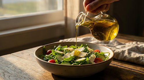 Pouring golden olive oil over fresh green salad with vegetables in bowl by window, healthy eating and cooking concept.