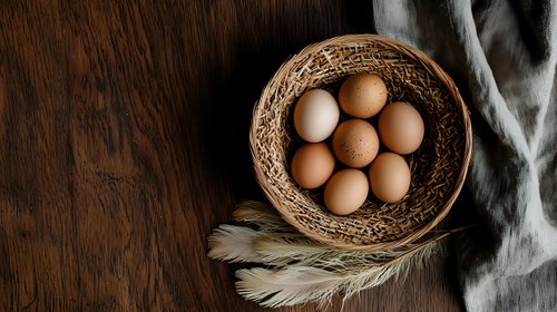 Fresh brown eggs in rustic woven basket with dried wheat stalks and soft fabric on dark wooden surface, moody natural lighting creates farm-to-table atmosphere.