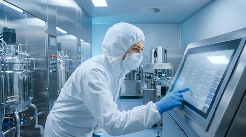 Scientist in protective suit operating touchscreen control panel in sterile pharmaceutical manufacturing facility with modern equipment and clean room environment.