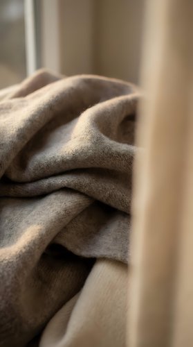 Folded beige and gray wool blanket or throw fabric with soft texture and natural folds, suitable for home decor, lifestyle, and textile design projects.