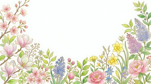 Watercolor spring floral border with magnolia, cherry blossom, daffodil, lilac and peony on white background, copy space for text.