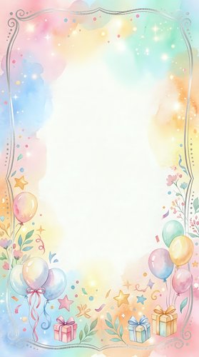 Pastel watercolor birthday frame with balloons, gift boxes, stars, and confetti, featuring a white center space for text or design.