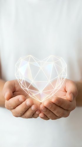 Hands holding glowing geometric heart shape with polygonal wireframe design representing love, care, protection and digital connection concepts.