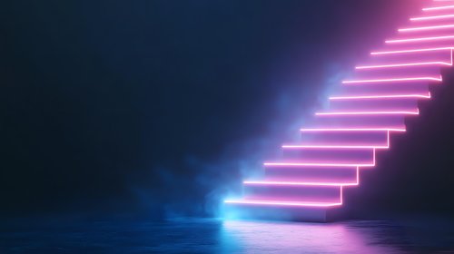 Glowing neon pink stairs ascending into darkness with blue light reflection on wet floor surface creating futuristic minimalist composition.