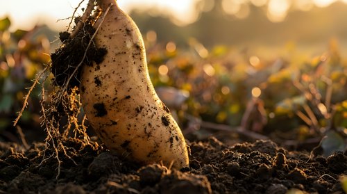 Fresh organic potato with soil and roots being harvested from garden bed during golden hour sunset light for farm to table cooking.