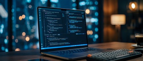 Modern laptop displaying programming code on screen in cozy evening workspace with warm lighting and city bokeh background for software development.