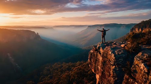 Hiker with raised arms celebrating success on mountain cliff edge at golden sunrise overlooking misty valley canyon landscape adventure achievement concept.