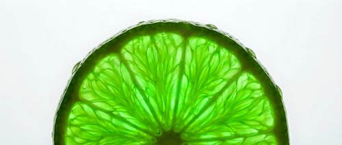 Vibrant lime slice with translucent green flesh and detailed segments, isolated on white background for beverage, food, and design projects.