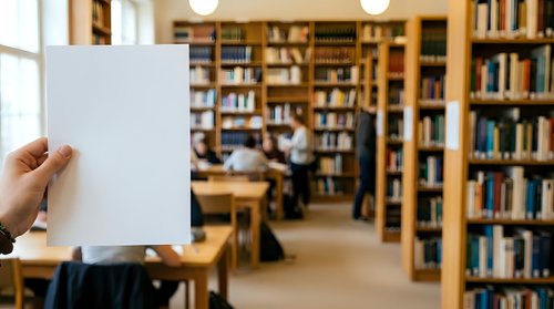 Caucasian hand holding blank white card in library with wooden bookshelves, study tables, and students in background for mockup and educational marketing use.