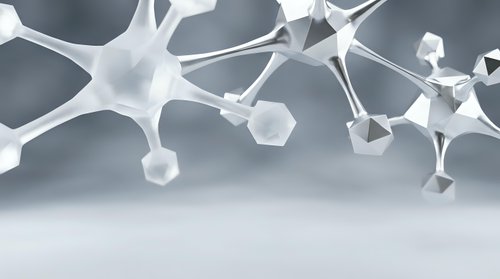 White molecular structure network with interconnected nodes and bonds on clean background for scientific research presentations.