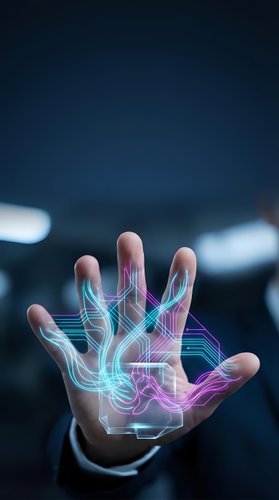 Hand displaying glowing digital circuit patterns with neon light effects representing technology innovation and futuristic connectivity concepts.