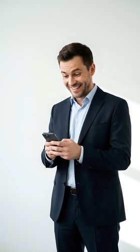 Happy businessman in dark suit using smartphone, smiling while texting or browsing mobile device on white background for business communication concepts.