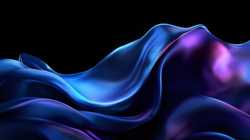 Flowing abstract waves in vibrant blue and purple colors create dynamic motion against black background, featuring smooth curves and glossy reflective surfaces.