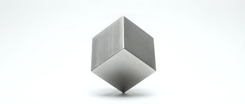 Metallic silver cube floating on white background with shadow, geometric shape for modern design projects and presentations.