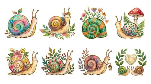 Colorful snails with floral and botanical elements, isolated on white background, ready for clipart, t-shirt designs, stickers, and creative projects.