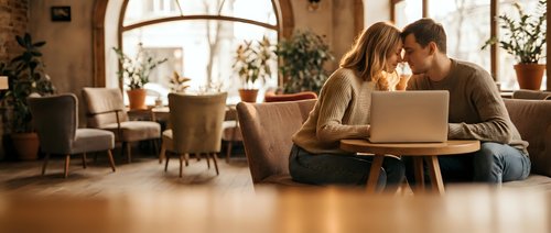 Young couple working together on laptop in cozy modern living room with warm lighting and plants creating intimate home office atmosphere.