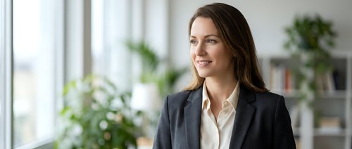 Young professional woman with long brown hair and fair complexion wearing dark blazer and white blouse in modern office with plants, suitable for corporate, business, and professional website design.