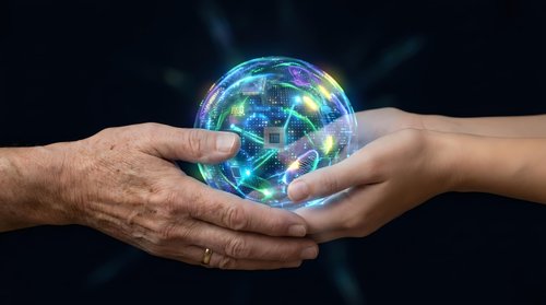 Two hands holding glowing digital globe with network connections representing global technology, communication and data transfer on dark background.