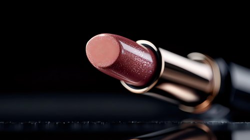 Pink metallic lipstick on dark background with reflection, luxury cosmetic product close-up macro photography for beauty and fashion advertising.