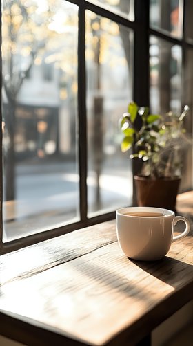 White coffee cup on wooden windowsill with morning sunlight streaming through window panes, creating cozy atmosphere. Green plant in background adds natural element.