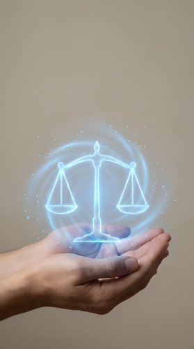 Unrecognizable hand holding glowing neon scales of justice symbol with blue light effects and particles, representing law, legal services, fairness, and balance for business and corporate concepts.