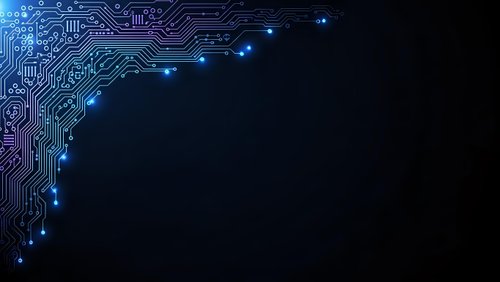 Blue circuit board pattern with glowing nodes on dark background for technology and electronics design projects.