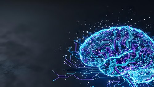 Digital brain with glowing neural networks and circuit patterns on dark background for artificial intelligence and technology concepts.