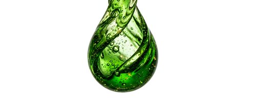 Green water drop with dynamic splash and bubbles isolated on white background for eco-friendly design projects and environmental concepts.