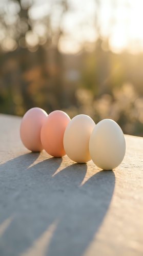 Four fresh eggs in gradient colors from brown to white arranged on wooden surface with warm golden sunlight and bokeh background for cooking concepts.
