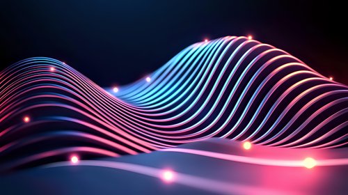 Glowing wavy lines in neon blue and pink colors create dynamic motion effect against dark background, abstract technology concept for modern design projects.