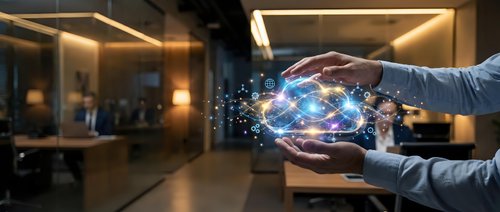 Businessman hands holding glowing digital network sphere with connected dots in modern office environment representing global connectivity and technology.