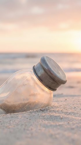Glass jar with wooden lid lying on sandy beach at sunset with soft pink sky and blurred ocean waves in background creating peaceful coastal atmosphere.