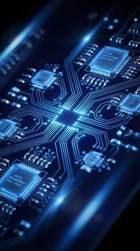 Blue illuminated circuit board with microchips and electronic components showcasing modern technology and digital innovation for tech industry applications.