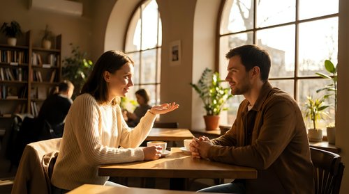 Young diverse couple having intimate conversation at wooden table in cozy cafe with large windows and warm natural lighting during daytime.
