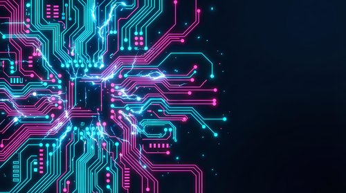 Futuristic circuit board with glowing neon pink and cyan pathways on dark background for technology and digital innovation concepts.