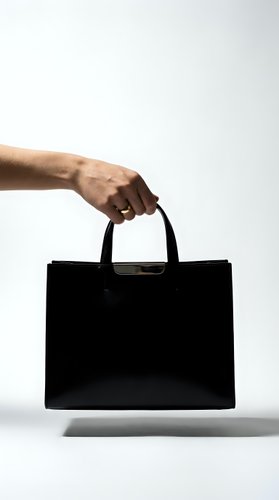 Male hand holding elegant black leather handbag on white background isolated for fashion and accessory design projects.