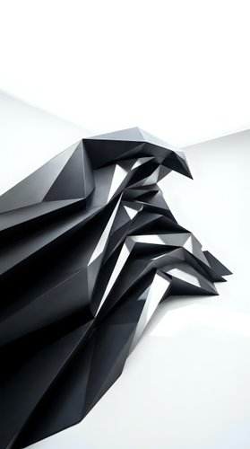 Abstract black geometric sculpture with sharp angular facets and dramatic shadows on white background for modern design projects.