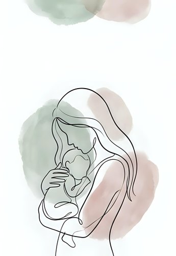 Tender mother holding newborn baby in continuous line art style with soft watercolor background for nursery decor and parenting materials.