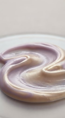 Swirled cream and lavender liquid creating smooth, flowing patterns in a shallow white bowl for cosmetic and culinary applications.