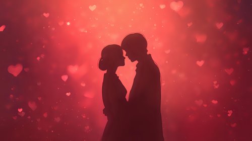 Romantic couple silhouettes kissing on red background with floating hearts and sparkles for Valentine's Day celebration and love themed designs.
