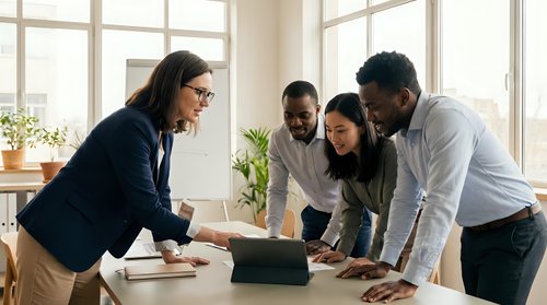 Diverse business team collaborating around laptop in bright modern office with large windows. Professional meeting with colleagues working together.