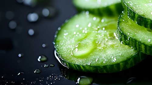 Fresh sliced cucumber with water drops on dark background, macro shot showing juicy texture and natural moisture for healthy eating and spa concepts.