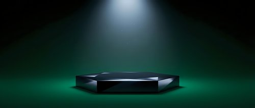 Black hexagonal podium stage with dramatic spotlight illumination on dark green gradient background for product display and presentation purposes.