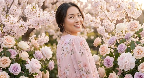 Young Asian woman in pink floral dress smiling joyfully among blooming cherry blossoms and roses in spring garden setting for lifestyle photography.