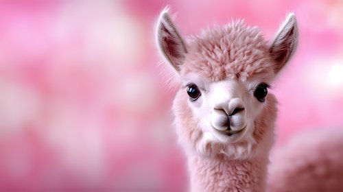 Young alpaca portrait on pink blurred background, close up view of cute fluffy llama face with gentle expression and soft wool. Suitable for greeting cards and nursery art.