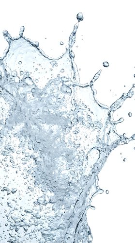 Dynamic water splash with droplets and bubbles isolated on white background for refreshing beverage and hydration concepts.