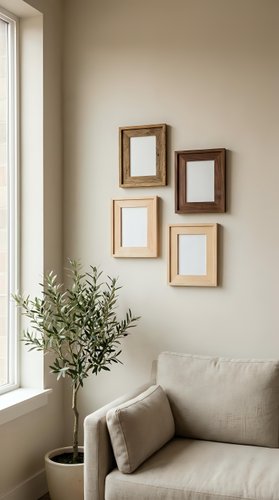Minimalist living room with four wooden frames mockup on beige wall, cozy sofa, and olive tree plant by window in neutral tones.