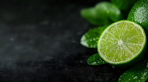 Fresh cut lime with water drops and green leaves on dark moody background, macro food photography for cocktail menu and beverage advertising.