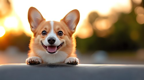 Happy Pembroke Welsh Corgi puppy with bright smile and perked ears looking at camera during golden hour sunset, paws resting on surface.